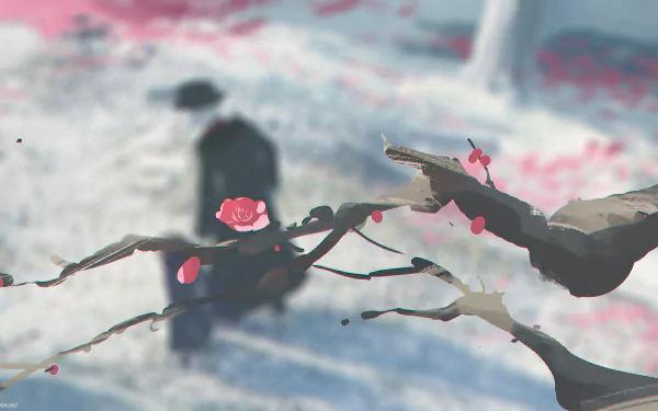 HD PC desktop wallpaper featuring Hu Tao from the video game Genshin Impact, with a blurred background of snow and pink flower petals on tree branches.