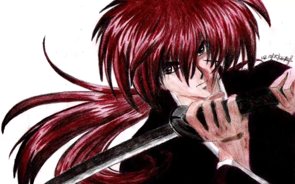 A striking HD wallpaper featuring Kenshin Himura from the anime Rurouni Kenshin, showcasing his signature red hair and poised with a katana, embodying intensity and determination.
