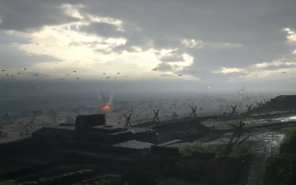 Hell Let Loose game HD desktop wallpaper featuring a dramatic World War II battlefield scene with parachutes and explosions.