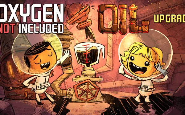 Oxygen Not Included game HD wallpaper featuring character dupe animations and Oil Upgrade graphics