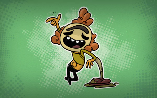 Oxygen Not Included game character in HD wallpaper showing a playful cartoon astronaut with a bubbly green background.