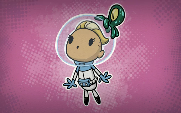HD desktop wallpaper featuring a cartoon astronaut character from the game Oxygen Not Included, set against a pink dotted background.