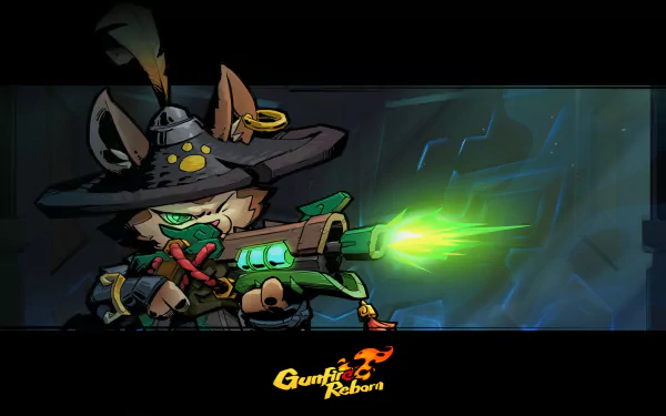 HD desktop wallpaper of Gunfire Reborn video game character wielding a futuristic green weapon with game logo visible.