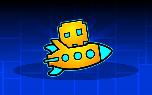 HD wallpaper of Geometry Dash icon on a rocket with a blue background.
