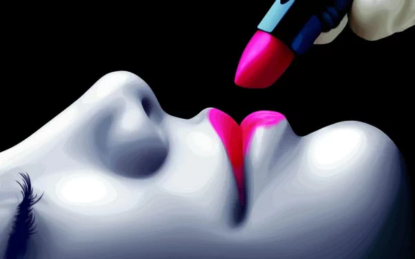 A striking abstract 3D image showcasing a close-up of a face with vivid lipstick application against a dark background, designed as a HD desktop wallpaper.