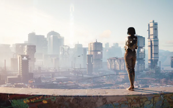 4K Ultra HD PC desktop wallpaper of Night City (Cyberpunk 2077) video game: lone figure on a rooftop overlooks the sprawling cyberpunk skyline.