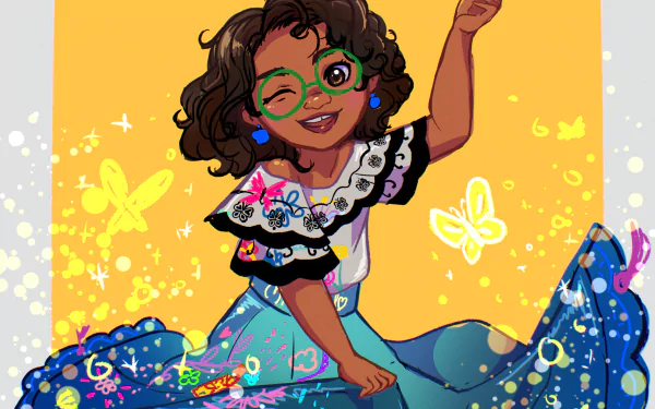 HD PC desktop wallpaper featuring Mirabel Madrigal from the movie Encanto, depicted in vibrant colors with butterflies and magical elements surrounding her.