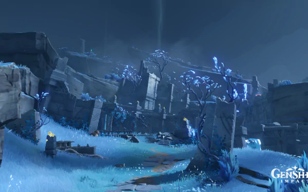 Enkanomiya (Genshin Impact) HD PC desktop wallpaper: moonlit blue ruins and glowing flora on a sunken island, crumbling stone pillars, a winding path and a distant vertical beam of light.
