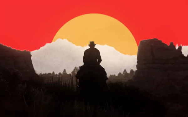 Silhouette of Arthur Morgan on horseback against a glowing sunset in a western landscape from the video game Red Dead Redemption 2, rendered in 4K Ultra HD.