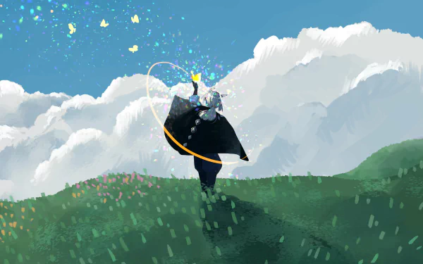 2K Quad HD PC desktop wallpaper from the video game Sky: Children of the Light — a cloaked figure with a glowing cape walks on a grassy hill beneath billowing clouds and sparkling motes.
