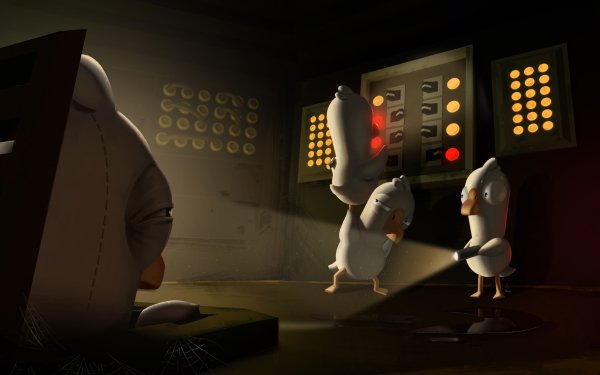 HD desktop wallpaper featuring characters from Goose Goose Duck game in a dimly lit control room setting.