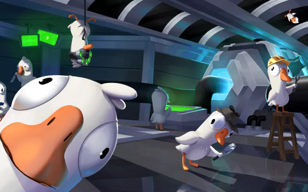 HD desktop wallpaper featuring characters from the game Goose Goose Duck in a dynamic spaceship setting.