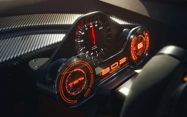 HD desktop wallpaper featuring the futuristic dashboard of the Porsche Vision 908 concept with glowing dials and carbon fiber detail.
