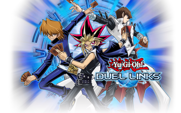 HD wallpaper featuring Yu-Gi-Oh! characters Joey Wheeler, Yami Yugi, and Seto Kaiba from Duel Links game, with a dynamic blue background.