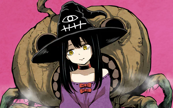 Miko Yotsuya from the anime Mieruko-chan stands with an eerie creature behind her, set against a vibrant pink background in this striking 4K Ultra HD wallpaper.