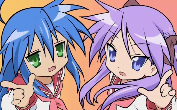 HD anime desktop wallpaper featuring Kagami Hiiragi and Konata Izumi from Lucky Star with vibrant colors and dynamic poses.