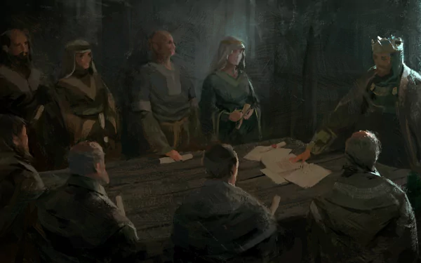 HD Wallpaper of Crusader Kings III featuring medieval strategy game characters in a council meeting for desktop background.