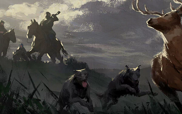 HD desktop wallpaper featuring art from Crusader Kings III with knights on horseback in a dramatic landscape, alongside wild animals.