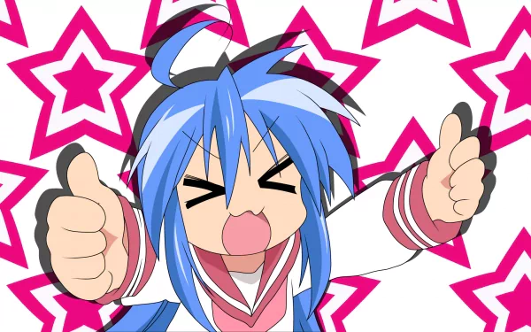 HD anime desktop wallpaper featuring Konata Izumi from Lucky Star with a vibrant background of pink stars and her giving two enthusiastic thumbs up.