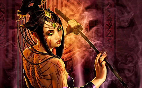 HD desktop wallpaper featuring a fantasy character from Legend of the Five Rings with glowing eyes, intricate tattoos, and holding a sword against a smoke-filled, mystical backdrop.