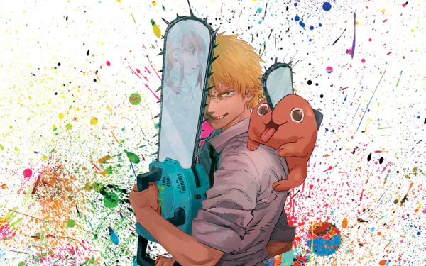 HD PC desktop wallpaper of Denji and Pochita from Chainsaw Man — Denji holding a chainsaw while Pochita perches on his shoulder against a colorful paint-splatter anime background.