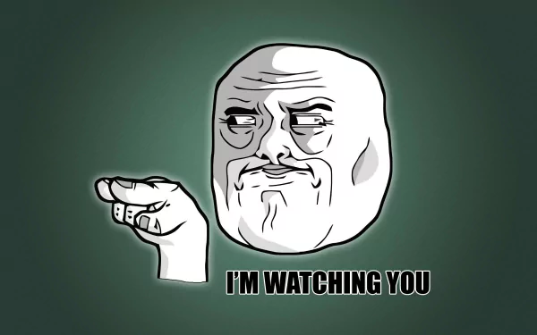 HD desktop wallpaper featuring a 'I'm watching you' meme with a cartoon figure pointing and giving a watchful look.