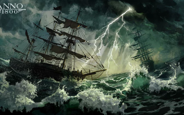 Anno 1800 video game HD PC desktop wallpaper/background: tall sailing ships battered by a lightning-lit storm and towering waves on a dark, turbulent sea.