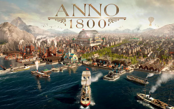 Anno 1800 video game 4K Ultra HD PC wallpaper: panoramic industrial-era harbor with sailing and steam ships, factories, domed cityscape and distant mountains.
