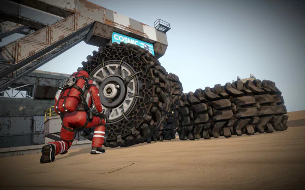 HD desktop wallpaper featuring a space engineer character next to massive vehicle wheels in a desert-like environment.