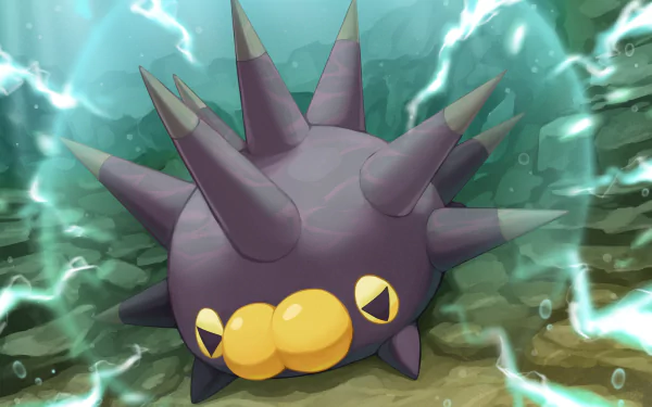 HD PC desktop wallpaper of Pincurchin (Pokémon) from Pokémon: Sword and Shield — anime-style close-up of the spiky electric Pokémon crackling with blue energy.
