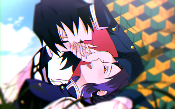 GiyuShino — Giyuu Tomioka gently kisses Shinobu Kochou's hand against a geometric haori backdrop; anime Demon Slayer: Kimetsu no Yaiba 4K desktop wallpaper.