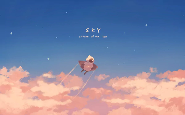 HD PC desktop wallpaper featuring a serene sky scene from the video game Sky: Children of the Light with a character soaring above pink clouds.