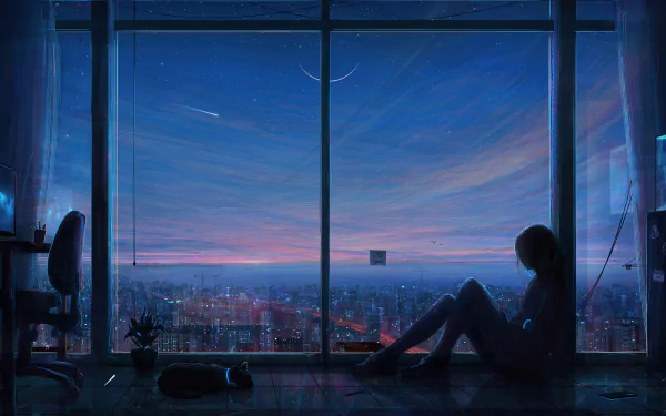 A silhouette of a woman sitting by a large window overlooking a sprawling futuristic cityscape at dusk, captured in stunning 4K Ultra HD for a sci-fi PC wallpaper.