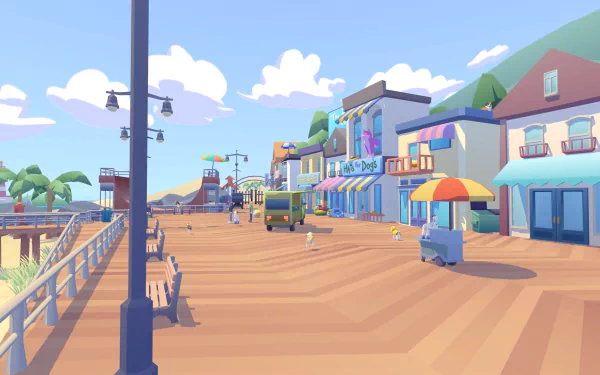 HD desktop wallpaper featuring the colorful, charming game setting of Pupperazzi with vibrant buildings and a boardwalk.