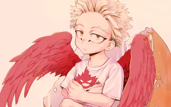 Chibi-style Keigo Takami (Hawks) from My Hero Academia with red wings, holding a small bird figure, in a 4K Ultra HD anime desktop wallpaper.