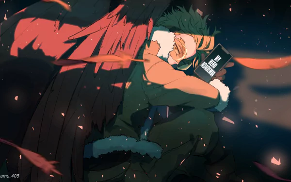HD PC desktop wallpaper featuring Keigo Takami, also known as Hawks, from the anime My Hero Academia, showcasing his signature red wings and intense expression.