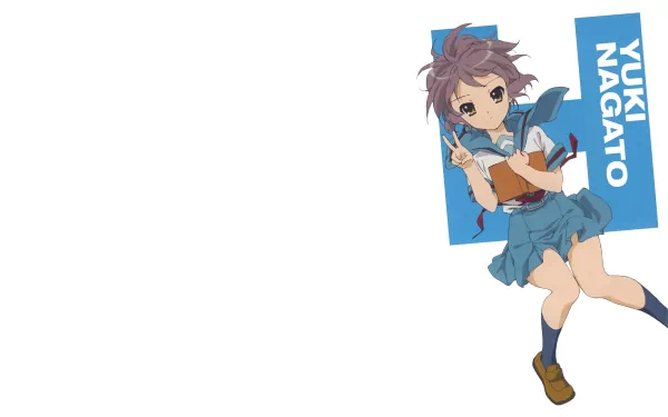 HD PC desktop wallpaper featuring Yuki Nagato from the anime The Melancholy of Haruhi Suzumiya, depicted in her school uniform with her name displayed beside her.
