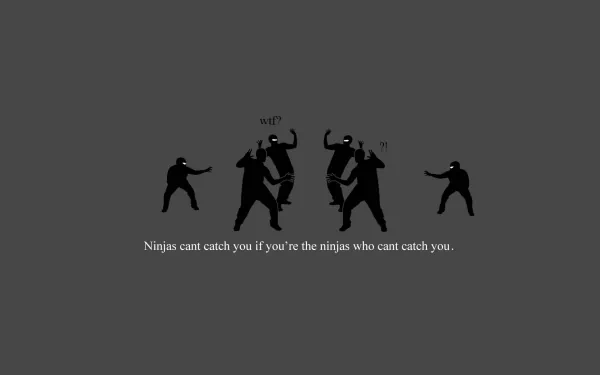 Funny ninja HD PC desktop wallpaper/background: gray screen with five black ninja silhouettes in comic poses and a witty caption about ninjas not catching you.
