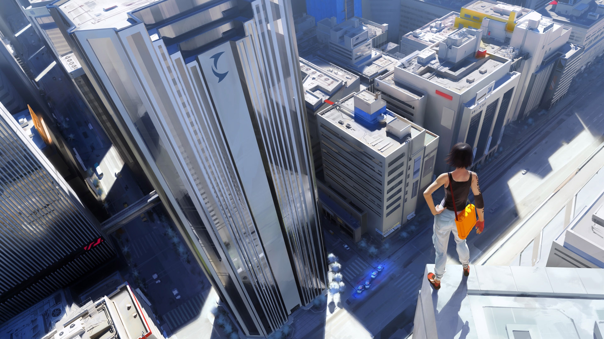 A futuristic city skyline with towering buildings, reminiscent of the video game Mirror's Edge.