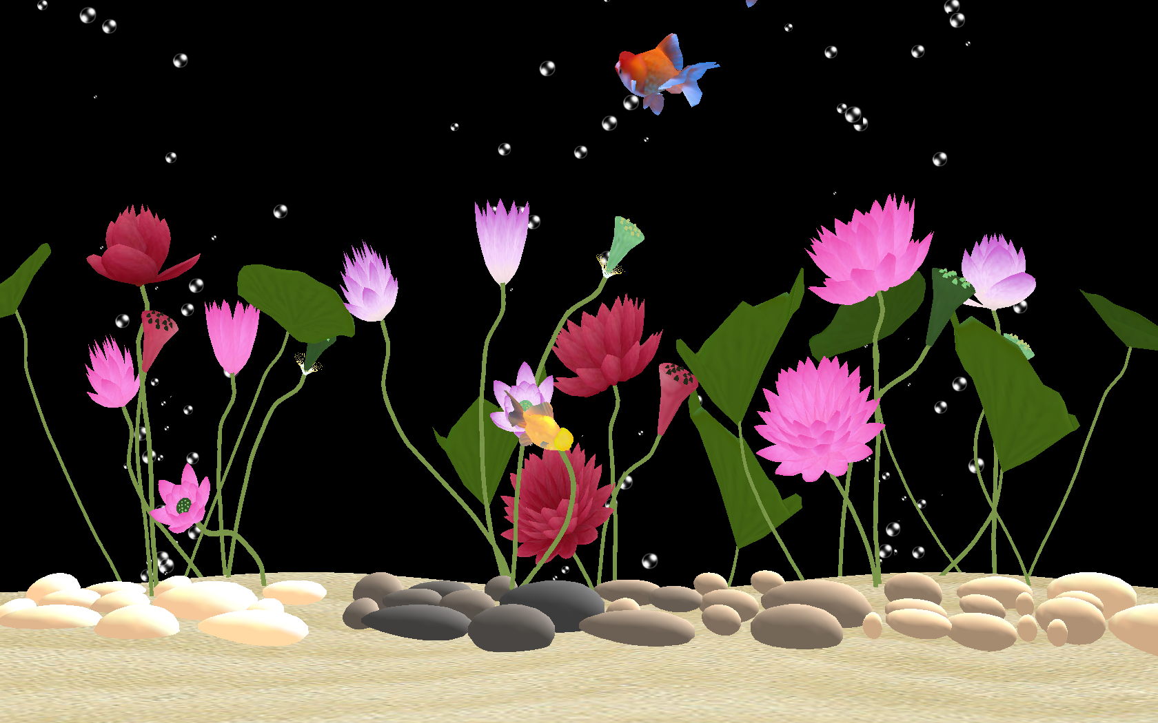 Colorful CGI goldfish swimming in a digital aquatic environment.