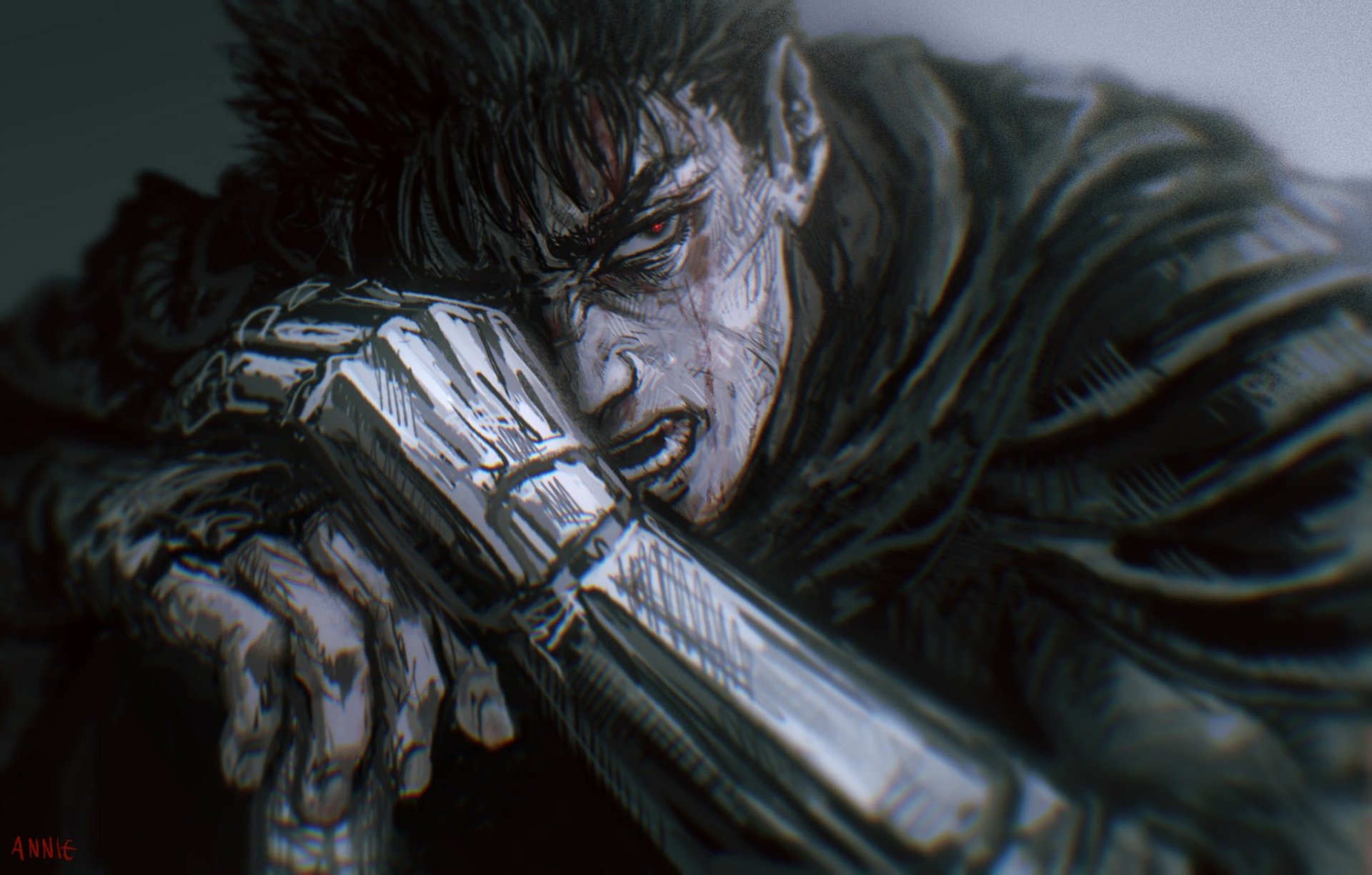 Anime Berserk HD PC desktop wallpaper and background: battered Guts clutching a metal prosthetic arm, bloodied and grim, cloaked in shadow against a dark, moody backdrop.