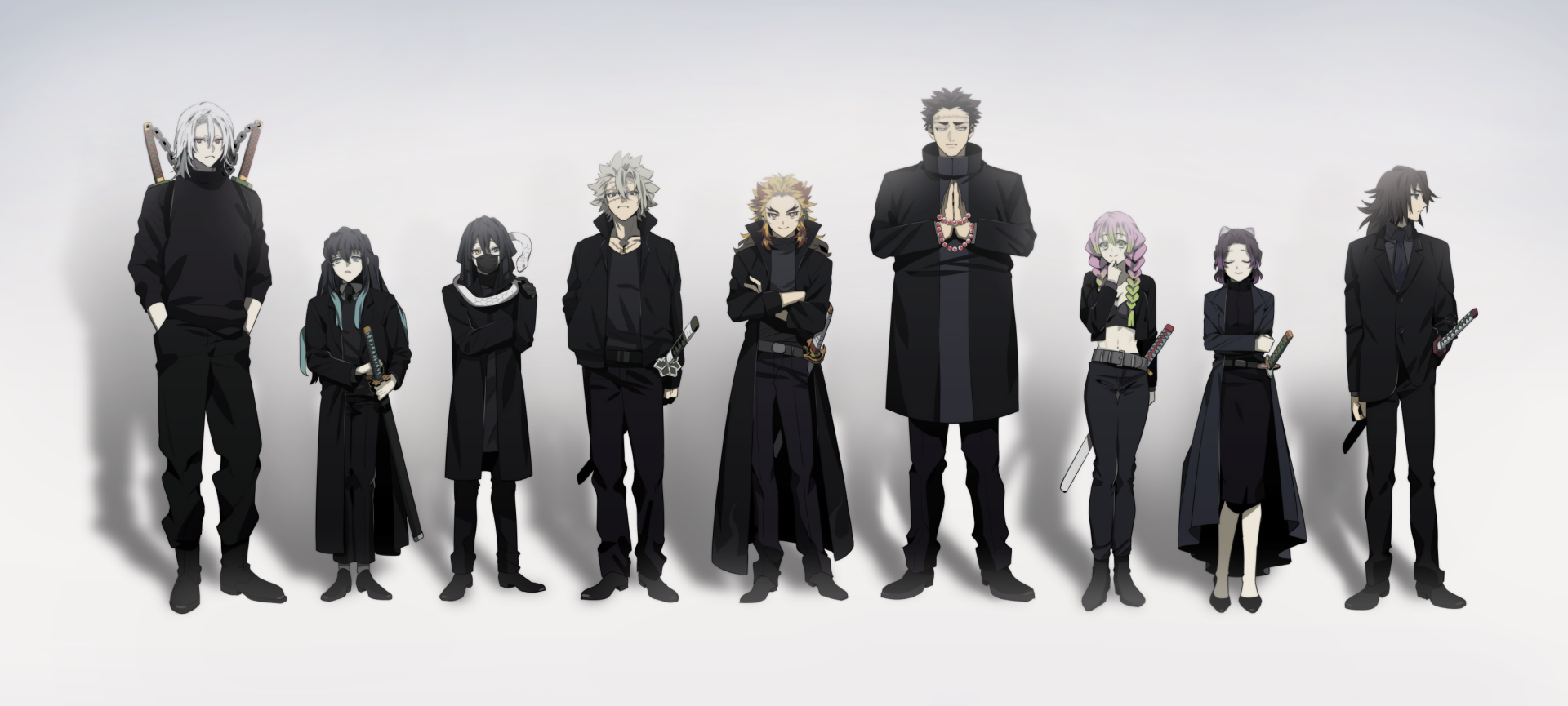 HD desktop wallpaper featuring Giyuu Tomioka, Tengen Uzui, Muichiro Tokito, Sanemi Shinazugawa, Kyojuro Rengoku, Shinobu Kochou, Mitsuri Kanroji, Obanai Iguro, and Gyomei Himejima from Demon Slayer: Kimetsu no Yaiba.