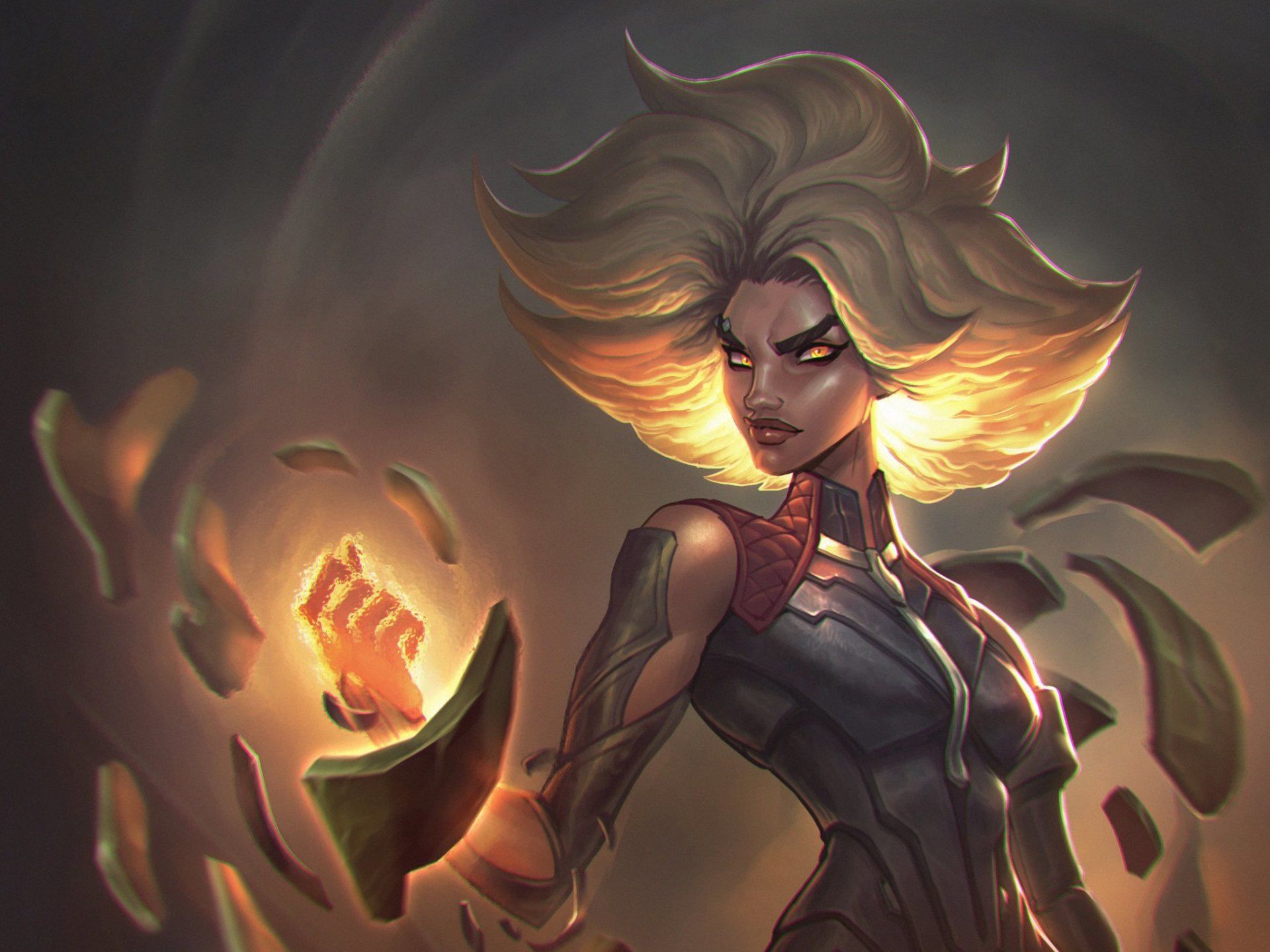 Rell (League of Legends) video game HD PC desktop wallpaper — armored Rell with glowing hair and a magnetic fist, metal shards orbiting in smoky light.