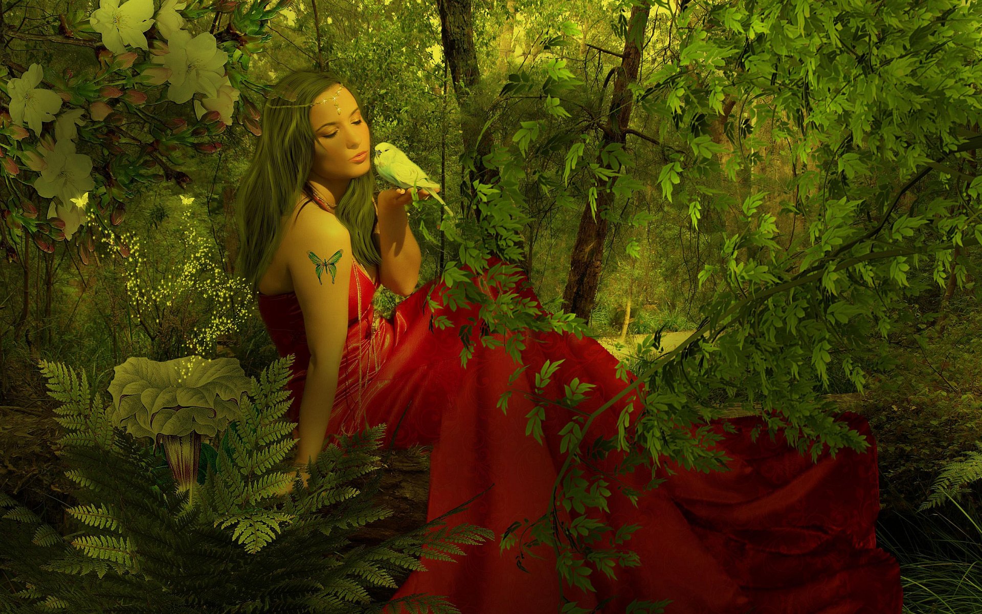 A fantasy-themed HD desktop wallpaper of a woman in a red dress, surrounded by lush green foliage, holding a white bird, with a butterfly tattoo on her arm.