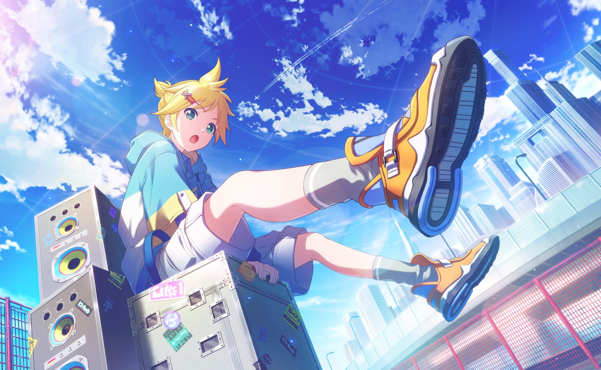 HD PC desktop wallpaper featuring Len Kagamine from the video game Project Sekai: Colorful Stage! feat. Hatsune Miku, with a vibrant sky and urban background.