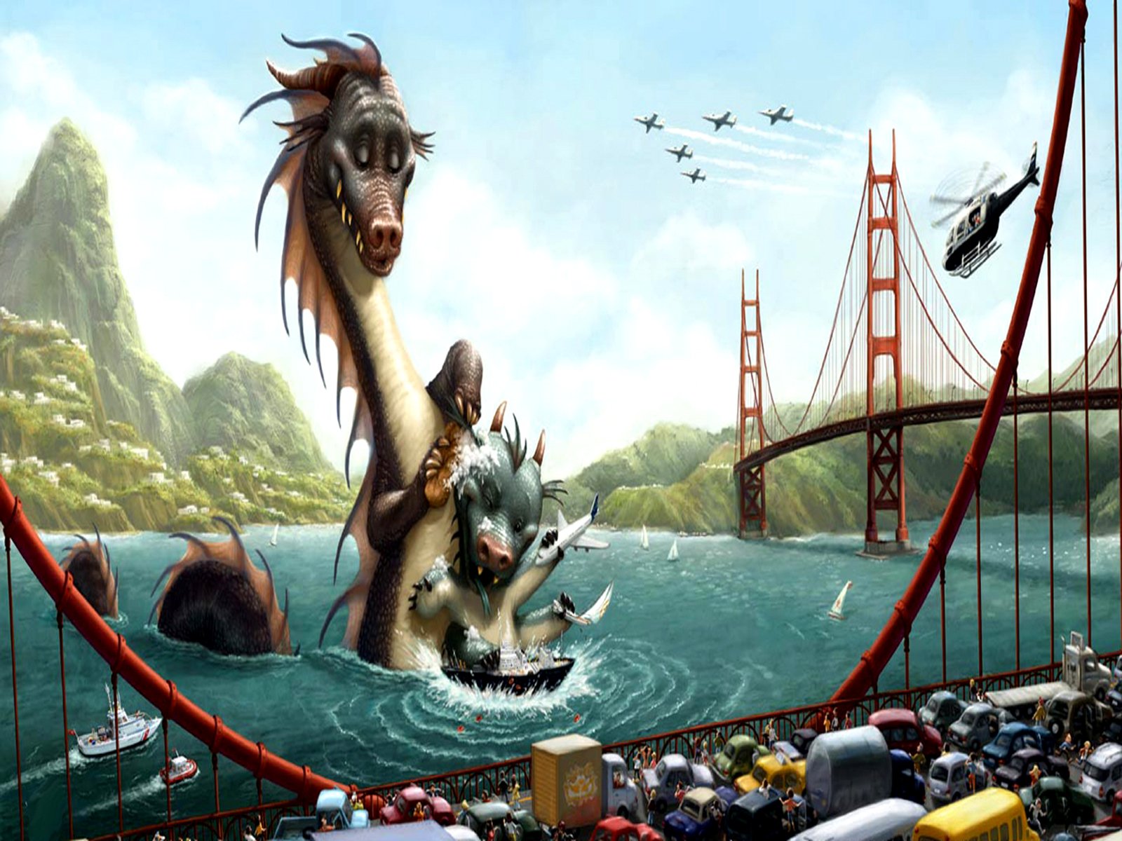 HD desktop wallpaper featuring a fantasy scene with a dragon emerging from water near a bridge, with mountains and flying helicopters in the background.