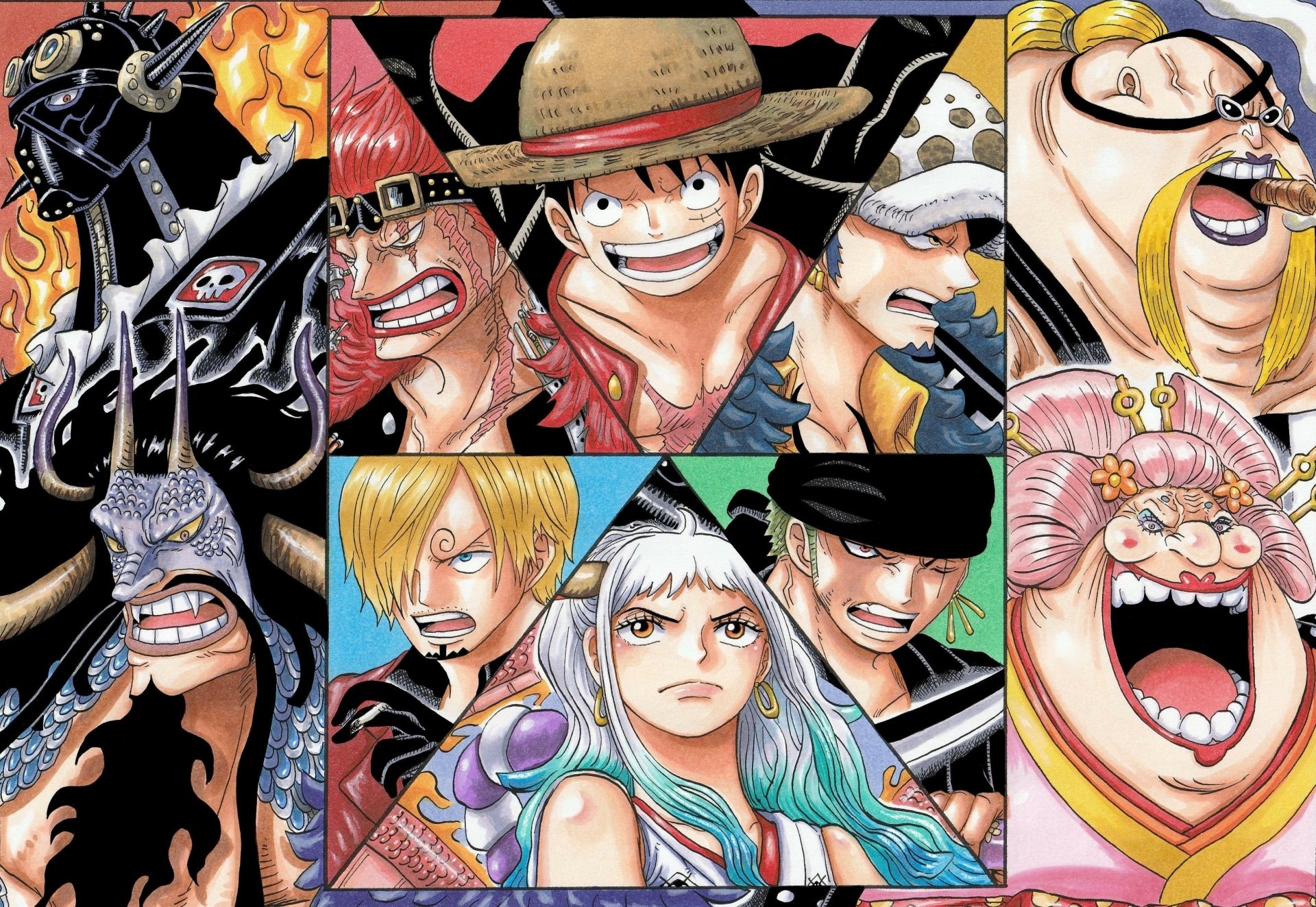 Download King (One Piece) Queen (One Piece) Kaido (One Piece) Trafalgar Law Eustass Kid Monkey D. Luffy Charlotte Linlin Roronoa Zoro Sanji (One Piece) Yamato (One Piece) Anime One Piece HD Wallpaper by Riku