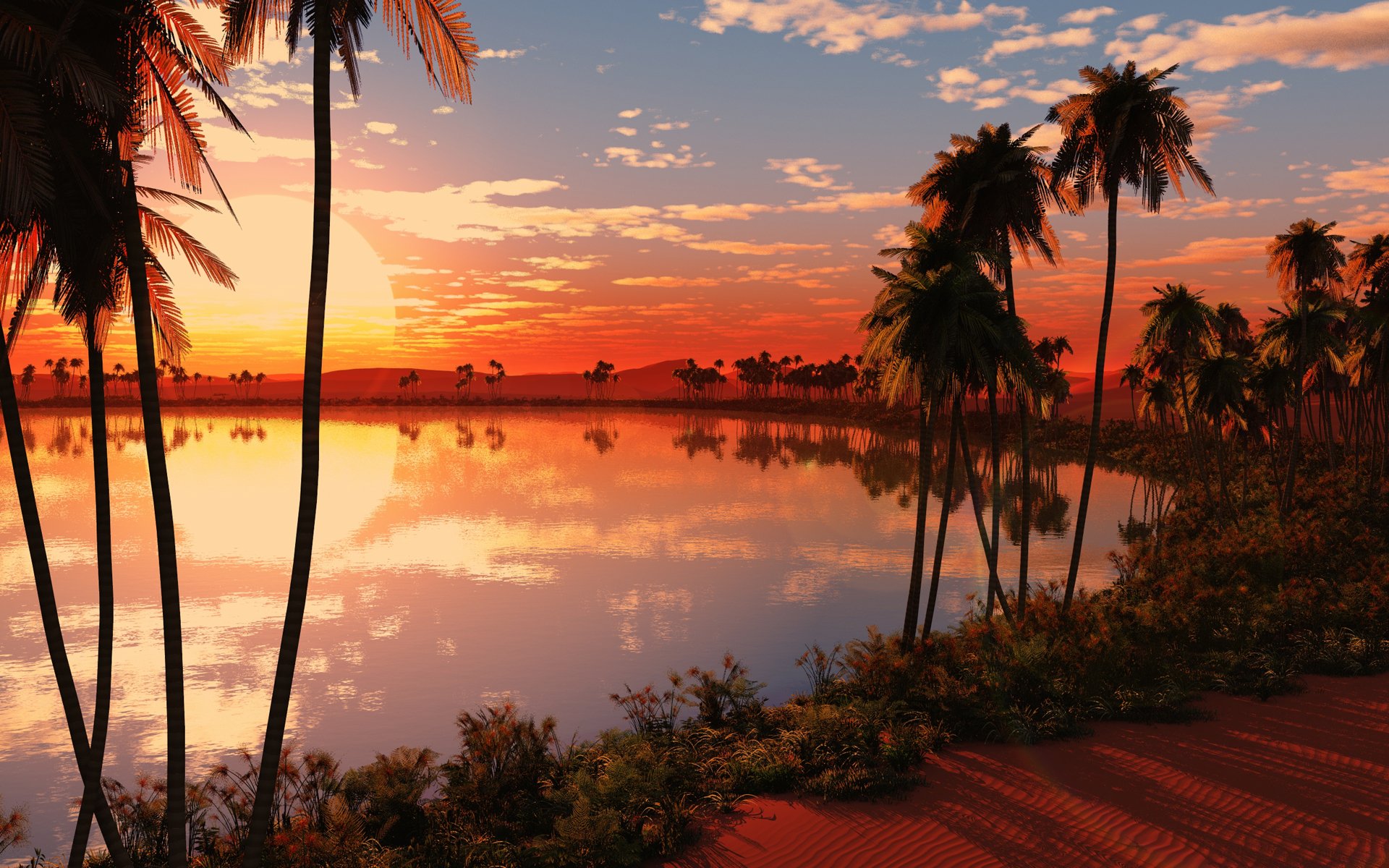 HD PC desktop wallpaper showcasing a vibrant sunset over a calm lake, framed by silhouetted palm trees and lush vegetation, capturing serene natural beauty.
