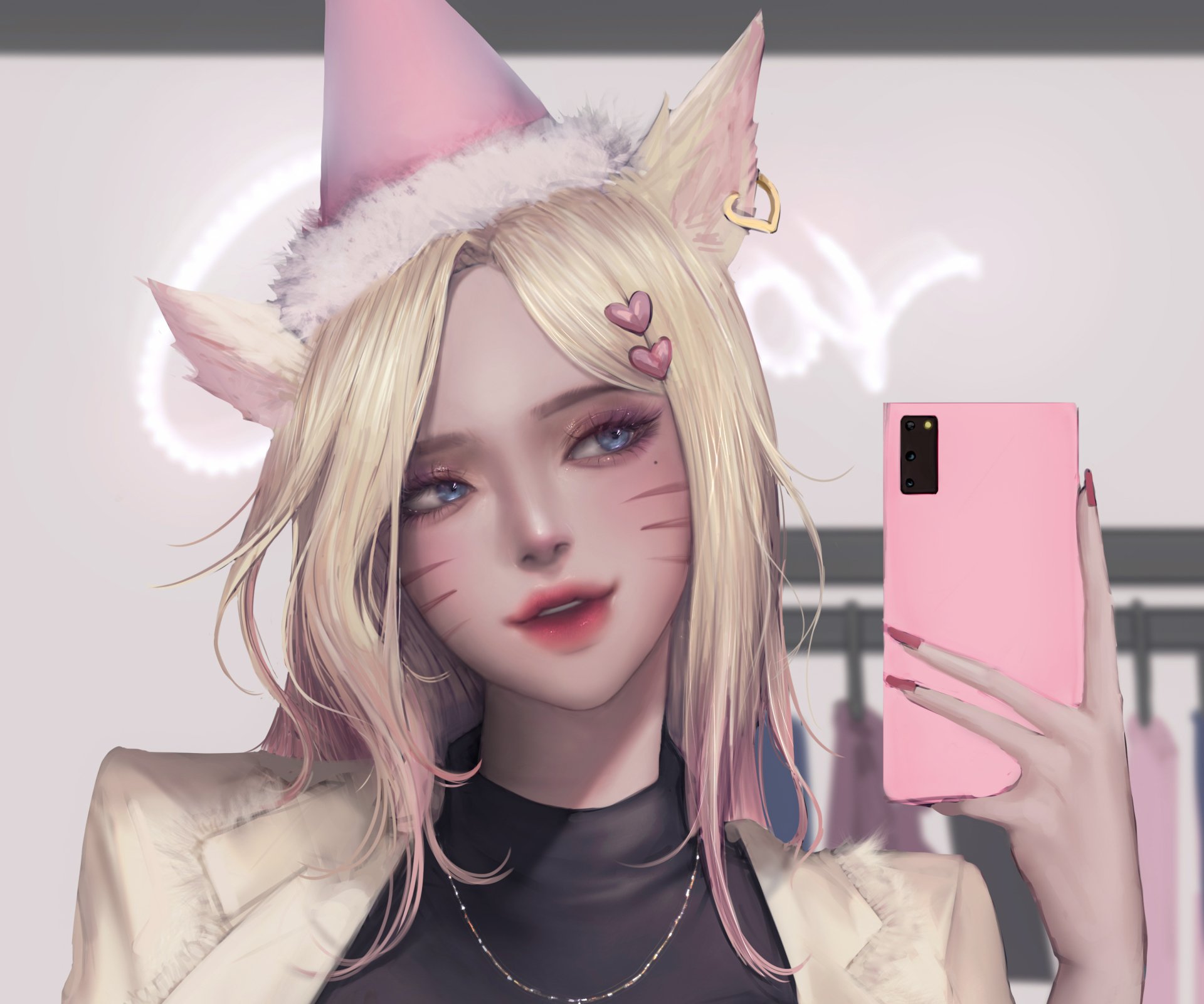 K/DA Ahri from the video game League of Legends selfie wallpaper: 2K Quad HD PC background of pink-hued Ahri with fox ears, heart stickers, holding a pink phone.