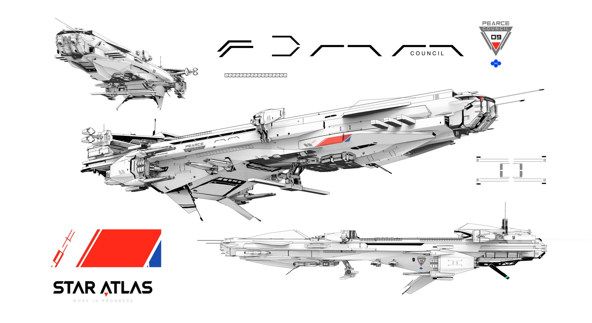 HD Star Atlas spaceship concept art as desktop wallpaper, showcasing detailed spacecraft blueprints and the game's logo.